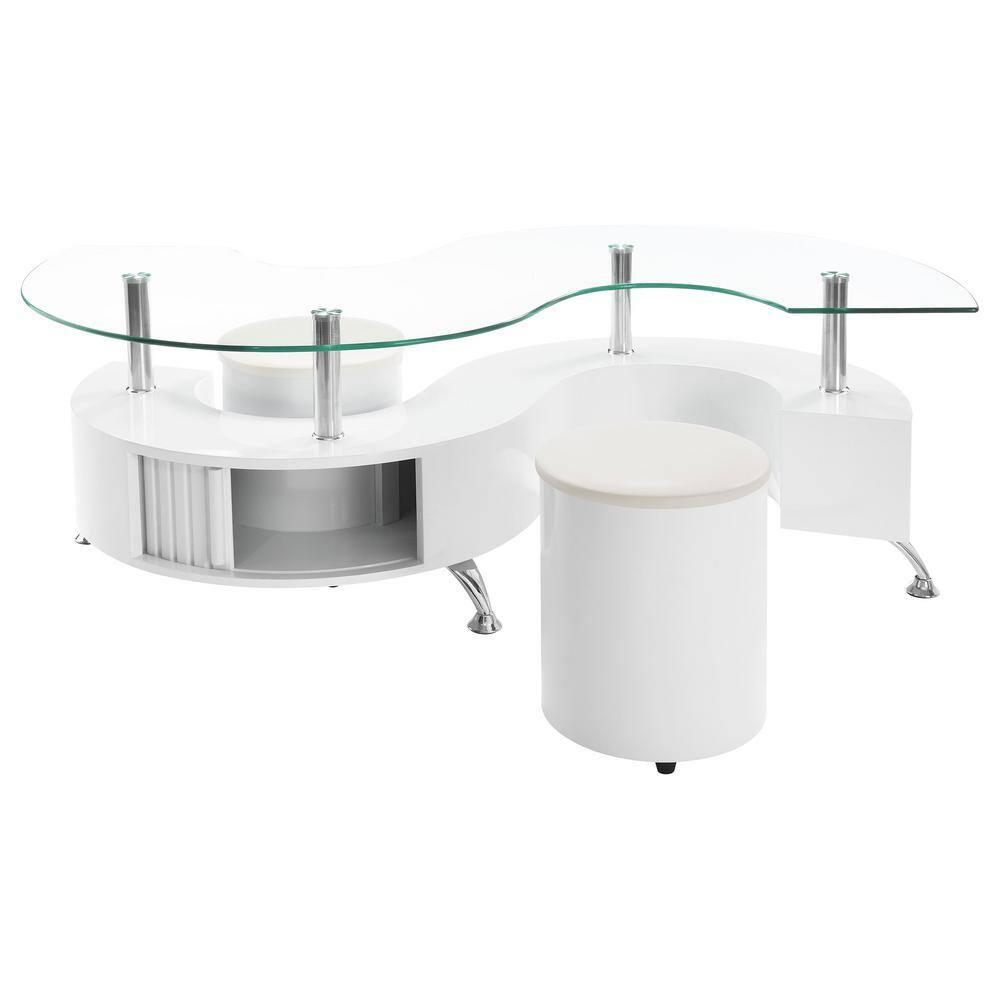 Coaster Buckley Wood Curved Glass Top Coffee Table With Stools in White