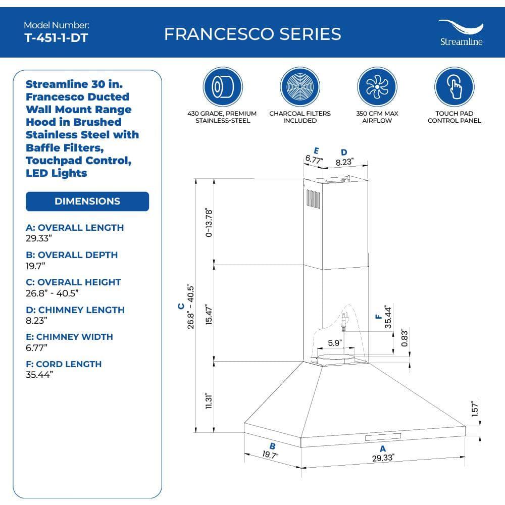 Streamline Francesco 30" 350 Cubic Feet Per Minute Ducted Wall Mount Range Hood with Baffle Filter and Light Included