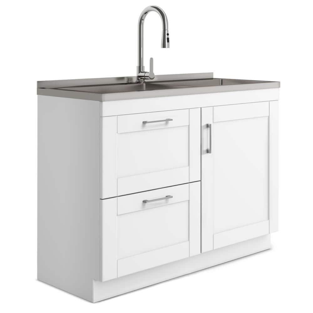Modern Wide Shaker 46"W Utility Sink & Laundry Cabinet with High-Arc Facet and Stainless Steel Sink, White