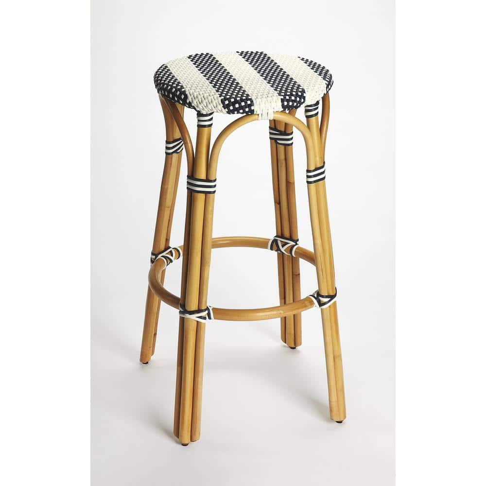 Butler Specialty Company Tobias Round Rattan 30" Bar Stool - White & Navy Stripe