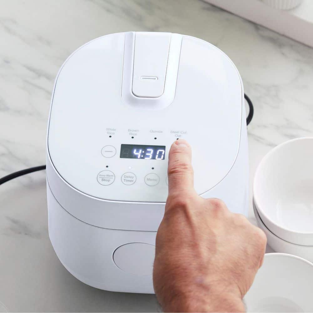 Compact White Electric Rice and Grains Cooker with Ceramic Nonstick Bowl