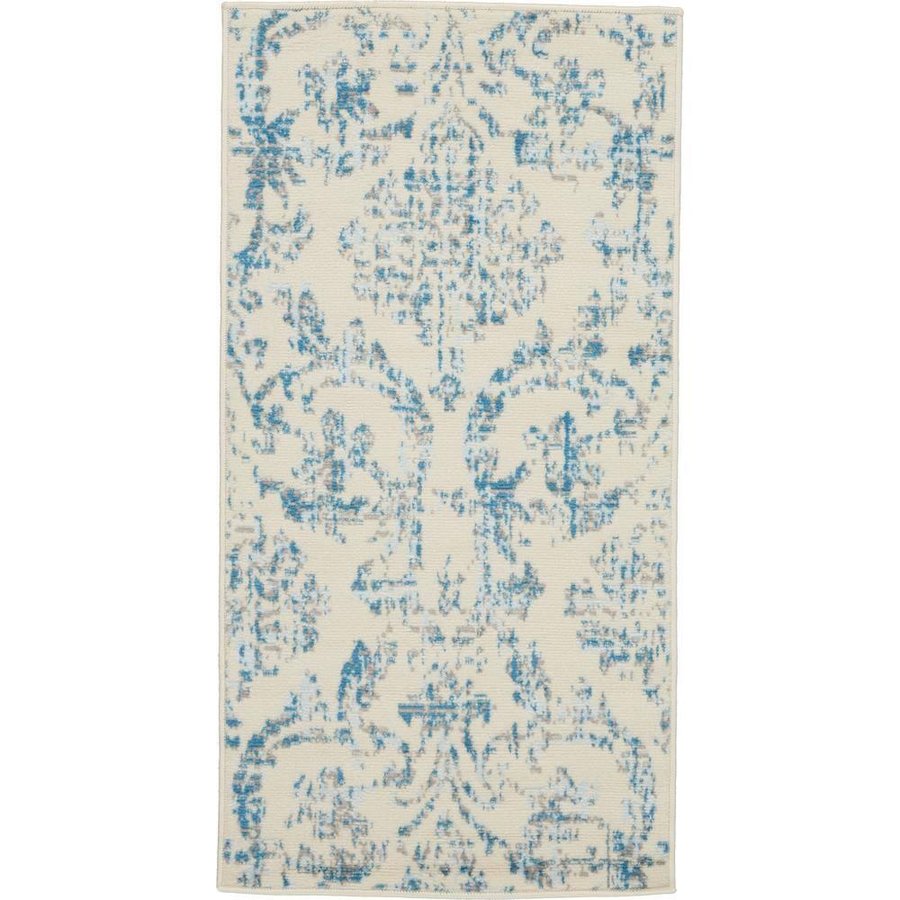 Nourison Jubilant 2' x 4' Ivory/Blue Area Rug Farmhouse Vintage Damask by Nourison