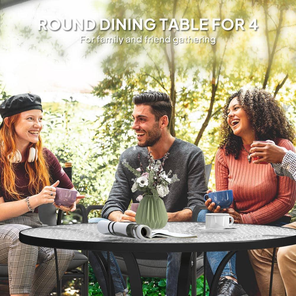 Outsunny 38" Round Patio Table, Outdoor Dining Table Tempered Glass Metal Frame Bistro Table with Umbrella Hole, for Deck, Yard, Balcony, Lawn, Pool