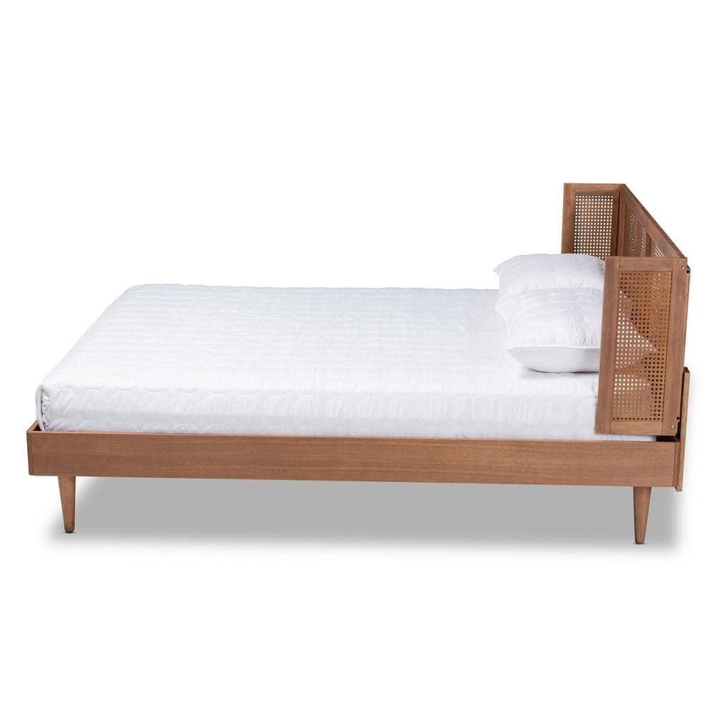 Queen Rina Wood Platform Bed with Headboard Ash Walnut - Baxton Studio: Mid-Century Modern Design, Synthetic Rattan Panel