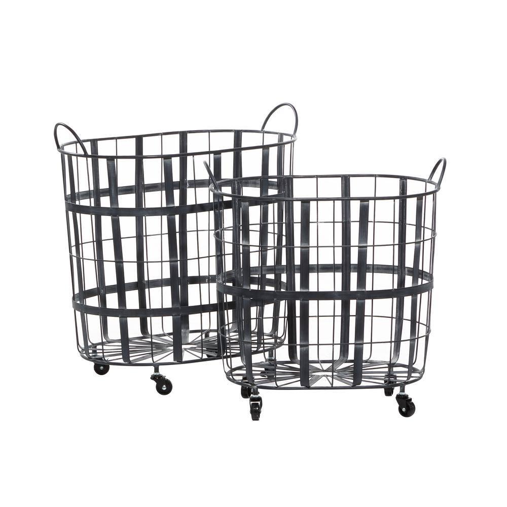 DecMode 25", 22"H Black Metal Wire Grid Storage Basket with Wheels and Handles, 2-Pieces