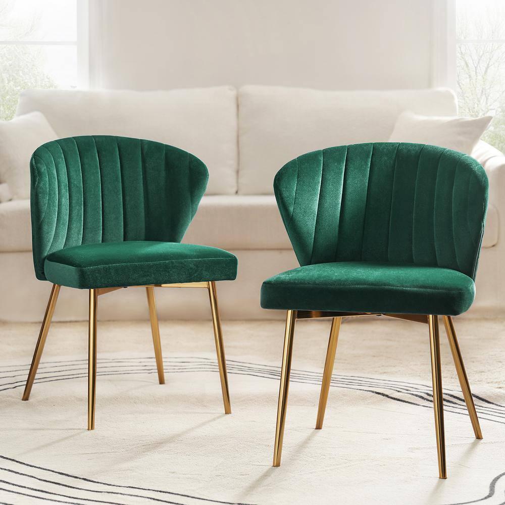 Velvet Wingback Dining Chair Upholstered Makeup Vanity Chair Gold Metal Legs Home Bedroom Green