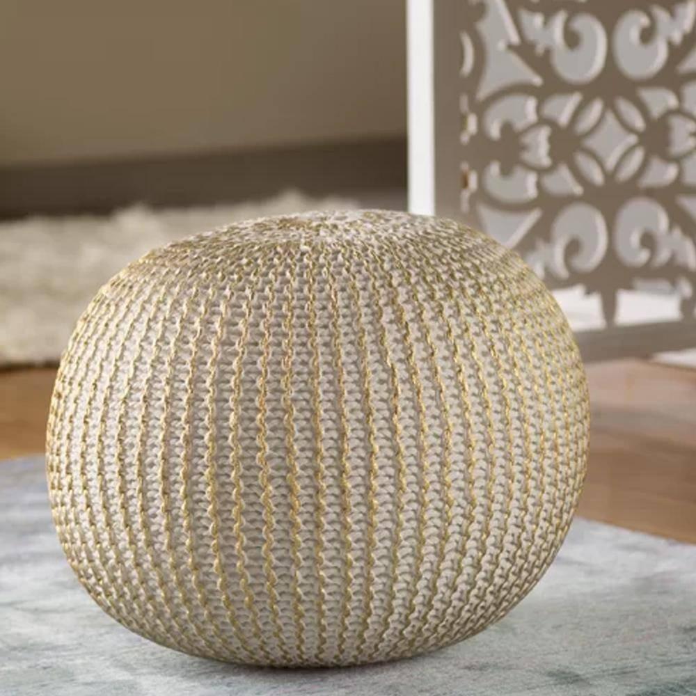 Ox Bay Caitlin Round Solid Print Hand Knitted Cotton Indoor Pouf, White