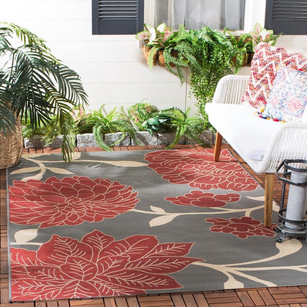 SAFAVIEH Courtyard Tyson Floral Indoor/Outdoor Area Rug, Anthracite/Red, 2'7" x 5'