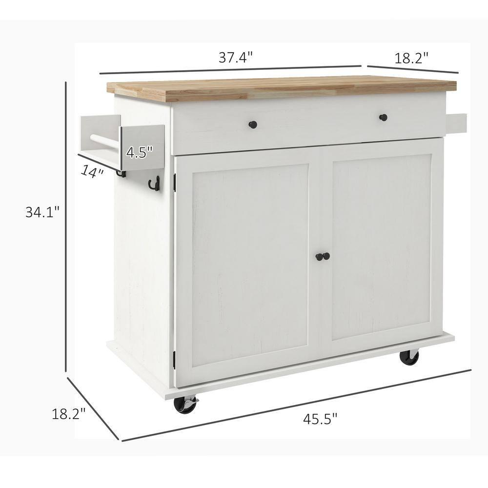 HOMCOM Rolling Kitchen Island with Storage Drawer, Wood Breakfast Bar Kitchen Island Cart 2 Doors, Spice Rack, Towel Racks and 2 Hooks, White