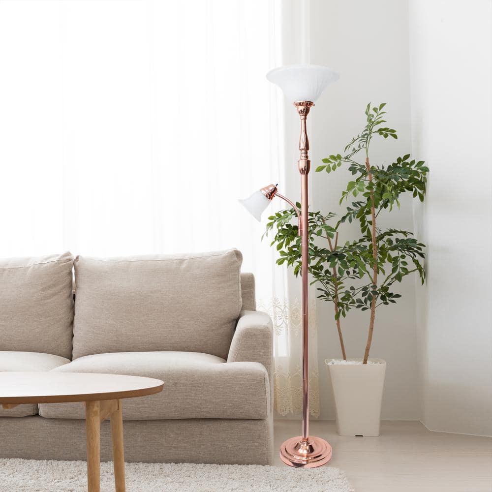 Torchiere Floor Lamp with Reading Light and Marble Glass Shade Rose Gold - Lalia Home: Adjustable, UL Listed, Metal Base
