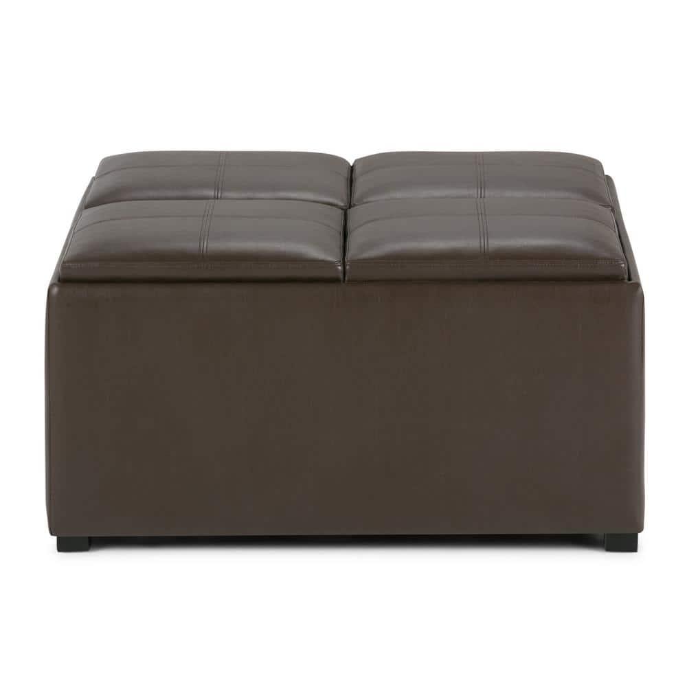 Simpli Home Avalon 35"W Upholstered Square Coffee Table Storage Ottoman with Flip-Over Trays