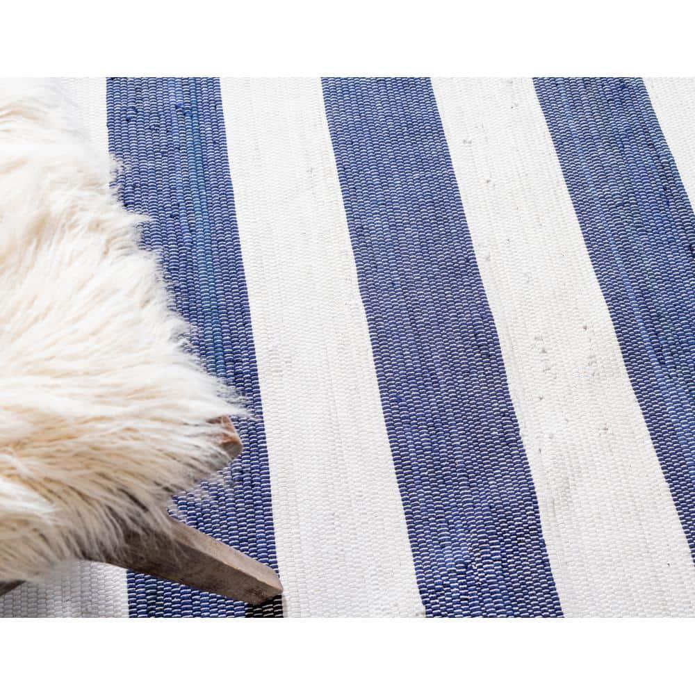 Unique Loom Chindi Rag Collection Area Rug - Striped (5' 1" x 8' Rectangle Navy Blue/Ivory)
