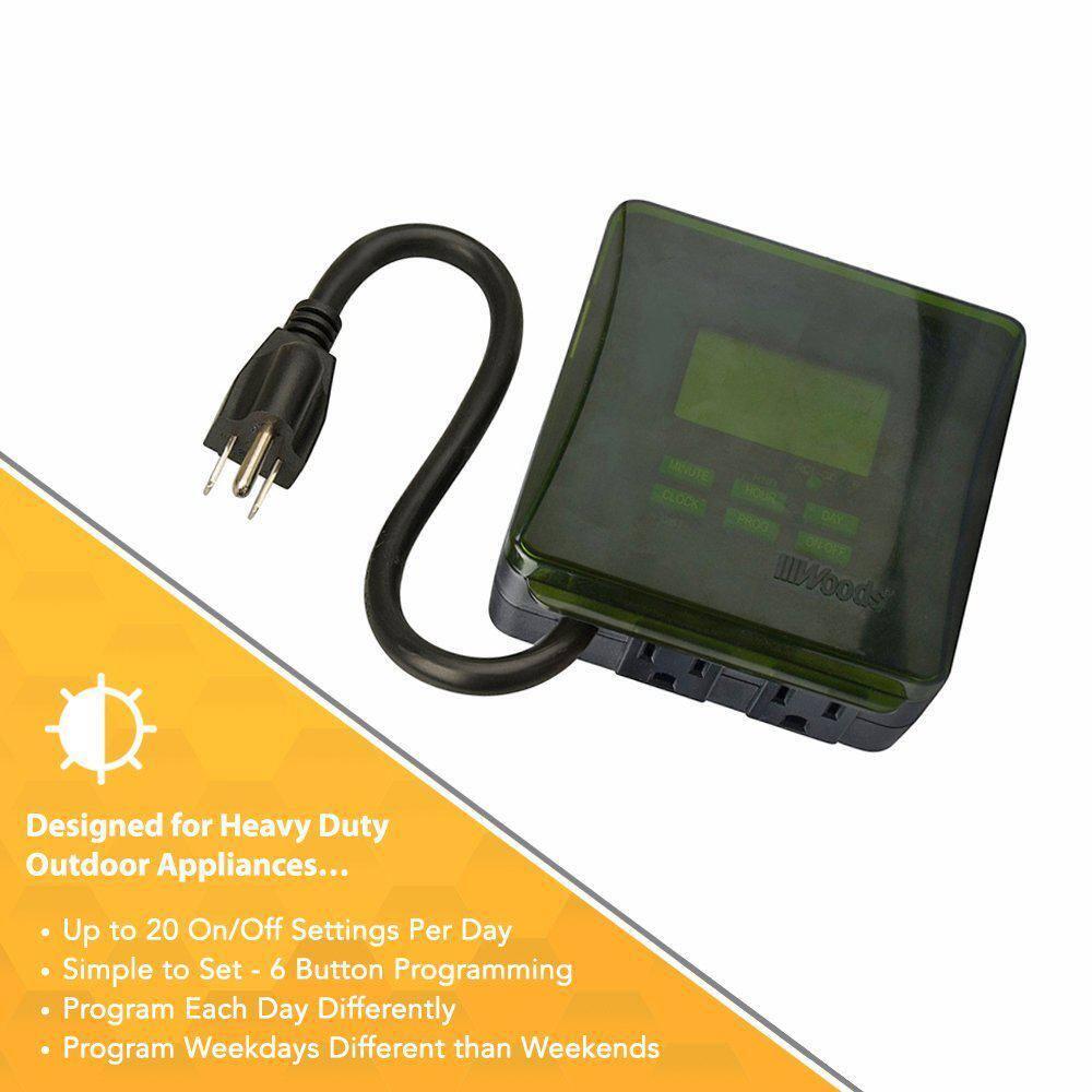 Woods 50015WD Outdoor 7-Day Heavy Duty Digital Plug-in Timer, 2 Grounded Outlets, Weatherproof, Perfect for Automating Holiday/Christmas Lights, Energy Saving Precision Programming, Black & Green
