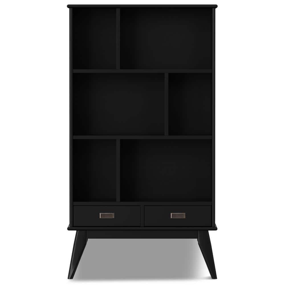 Simpli Home Draper SOLID HARDWOOD 64 inch x 35 inch Mid Century Modern Wide Bookcase and Storage Unit in Black