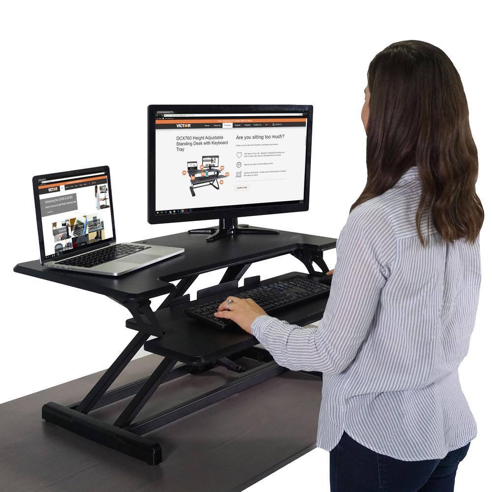 Victor DCX610 Height Adjustable Compact Standing Desk| Black| 33” Wide Sit-Stand Dual Monitor Desk and Laptop Riser Workstation| Compatible with Most Monitor Arms