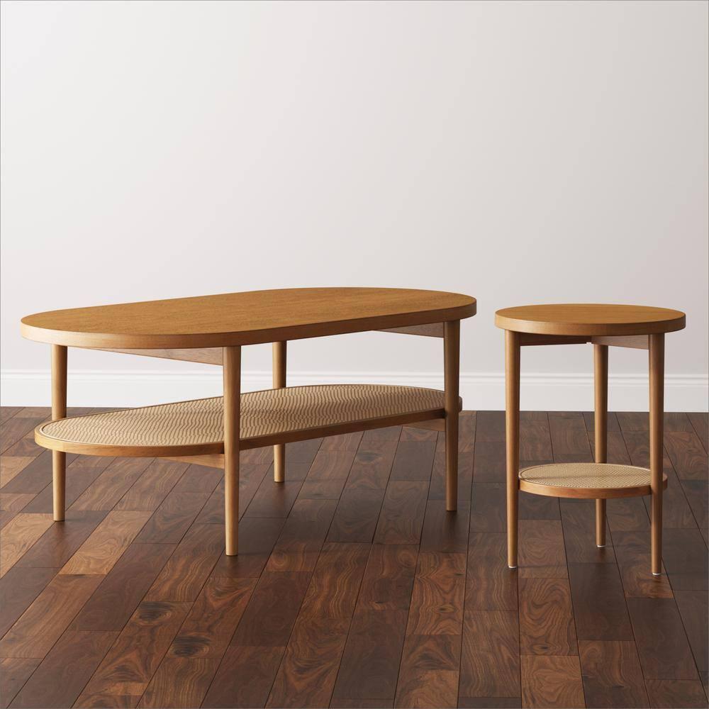Nathan James Sonia Boho Round Wood Side Table with Storage, Natural Sofa Side Table in Honey Brown with Rattan Storage Shelf for Living Room, Bedroom or Nursery