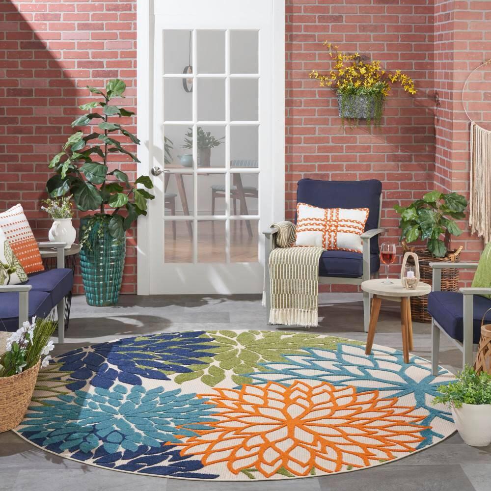 Nourison Aloha Floral Bloom Flatweave High-Low Indoor Outdoor Round Rug Multicolor 7'10" x 7'10"