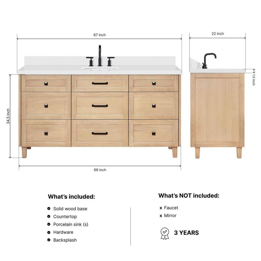 Ariel Bath Ariel Monrow 67 Inch Single Oval Sink Bathroom Vanity With Pure White Quartz Countertop