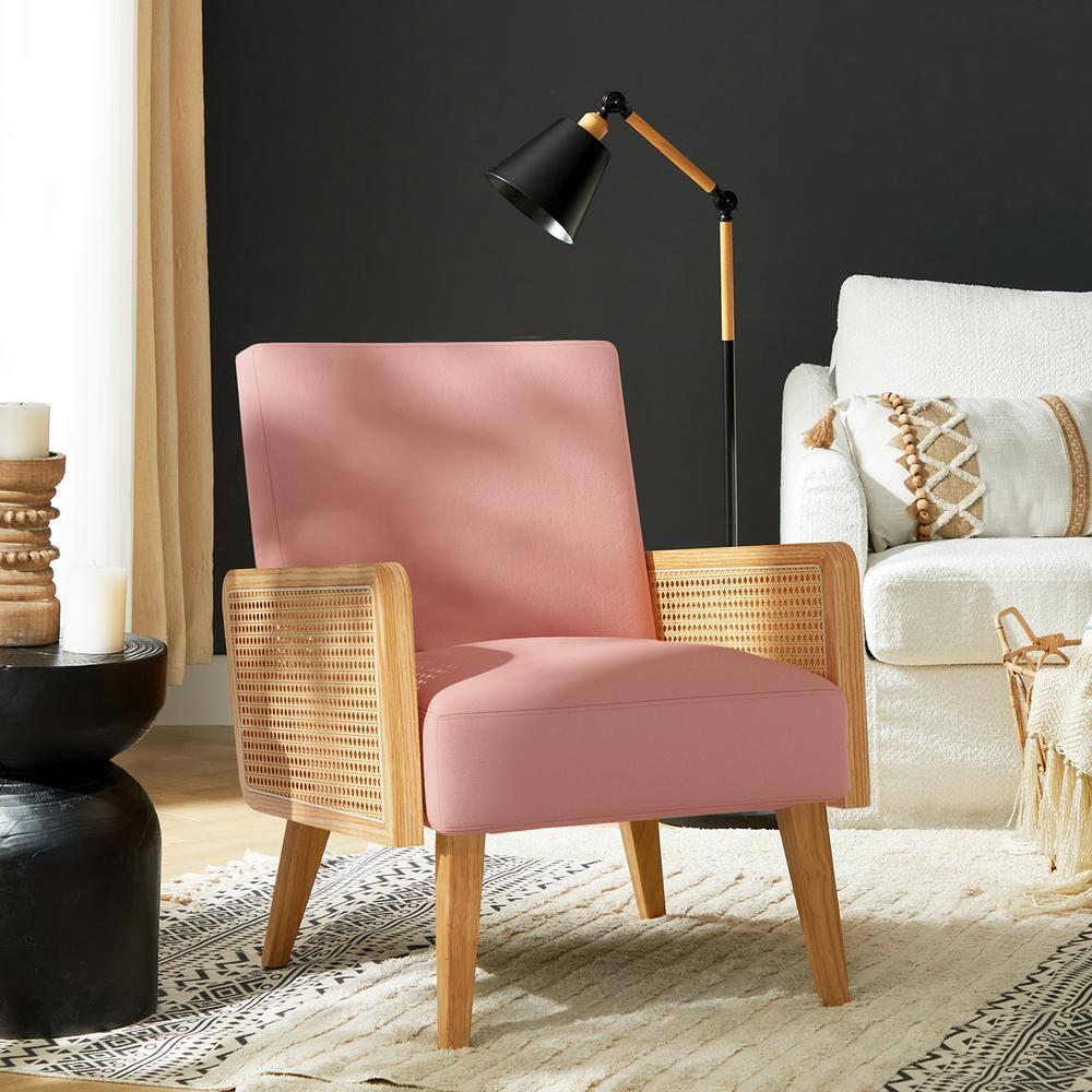 Farmhouse Accent Chair Rattan Armrests Fabric Upholstered Wooden Reading Armchair Living Bedroom Blush