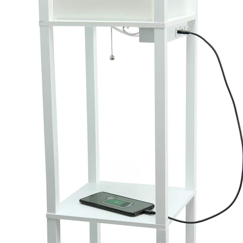 Creekwood Home Classix 62.5" 3-Tier Storage Floor Lamp with Charging Ports and Outlet White