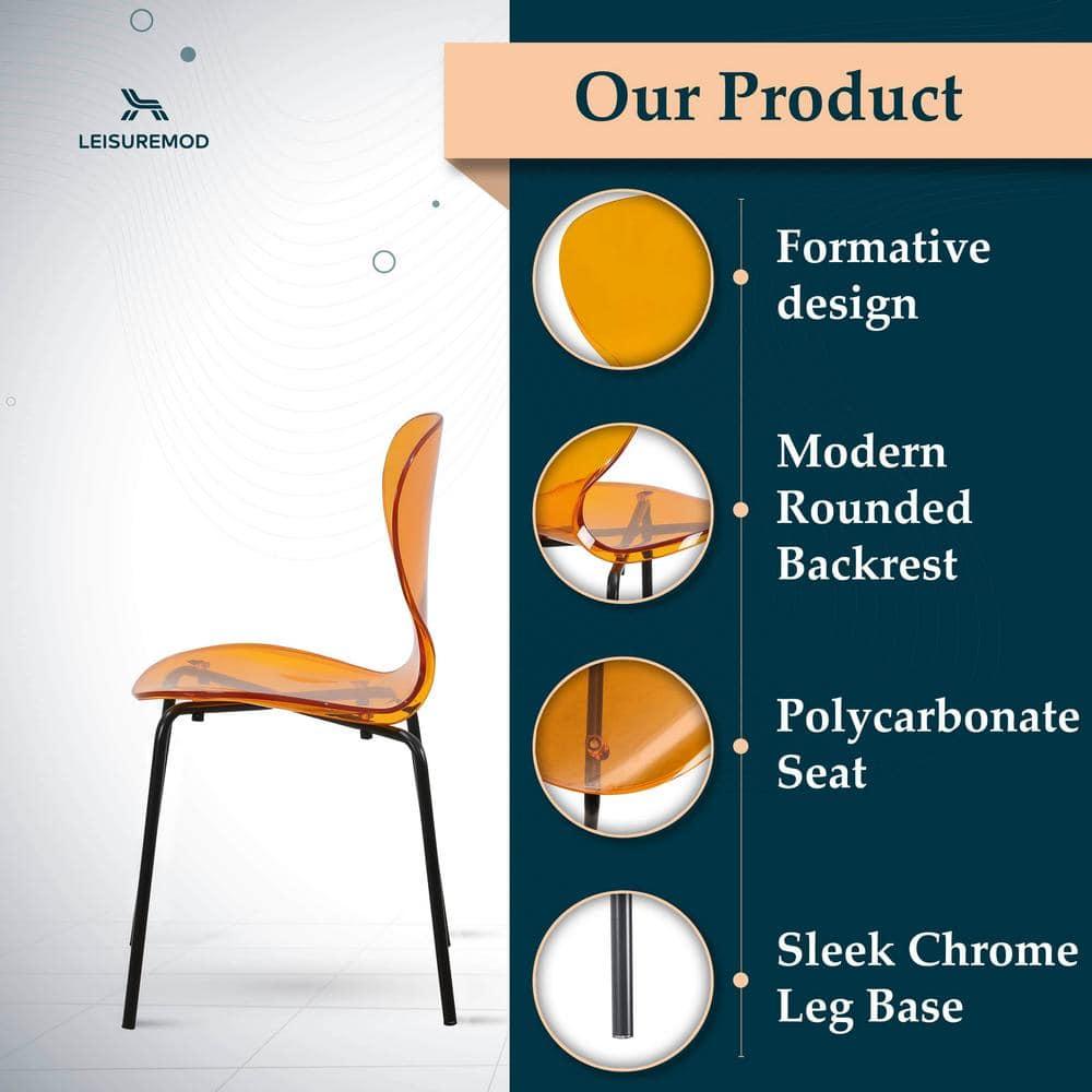 LeisureMod Oyster Black Chrome Base Side Chair in Transparent Orange