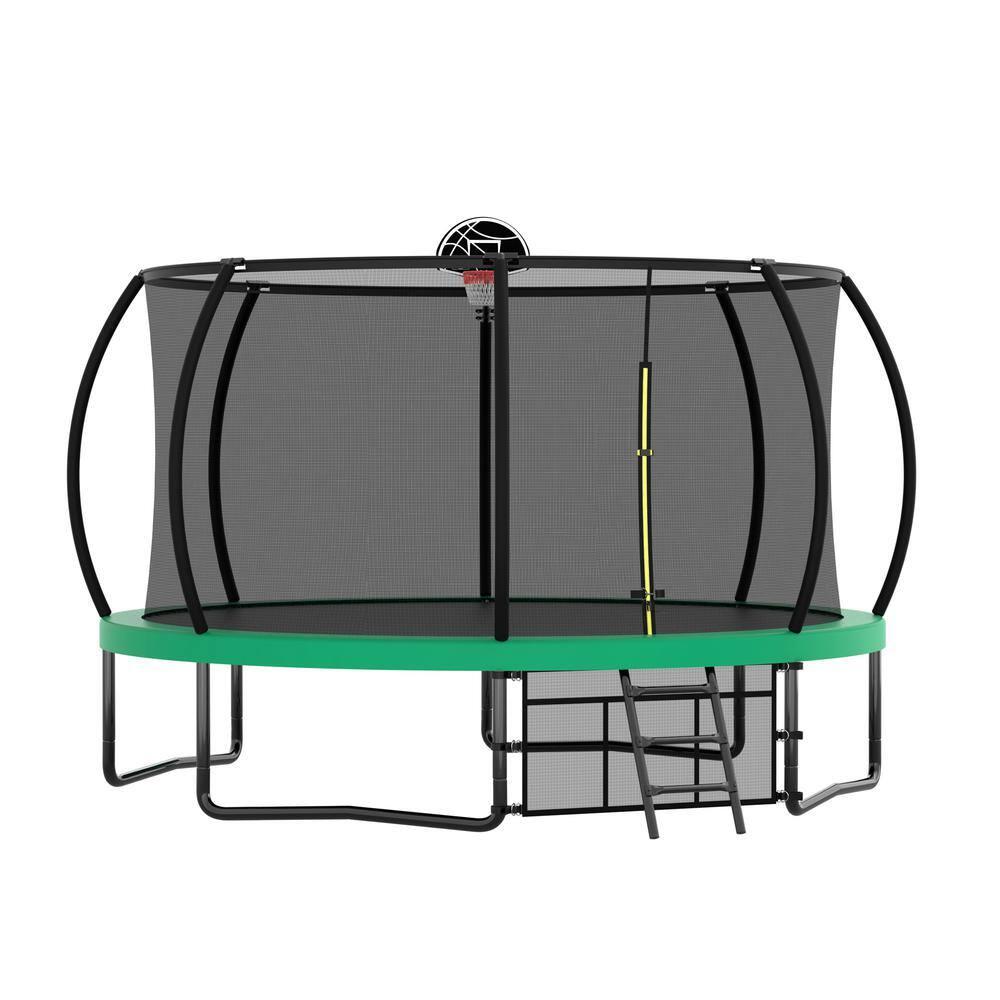 12 ft Green Round Kids Trampoline with Safety Enclosure and Ladder