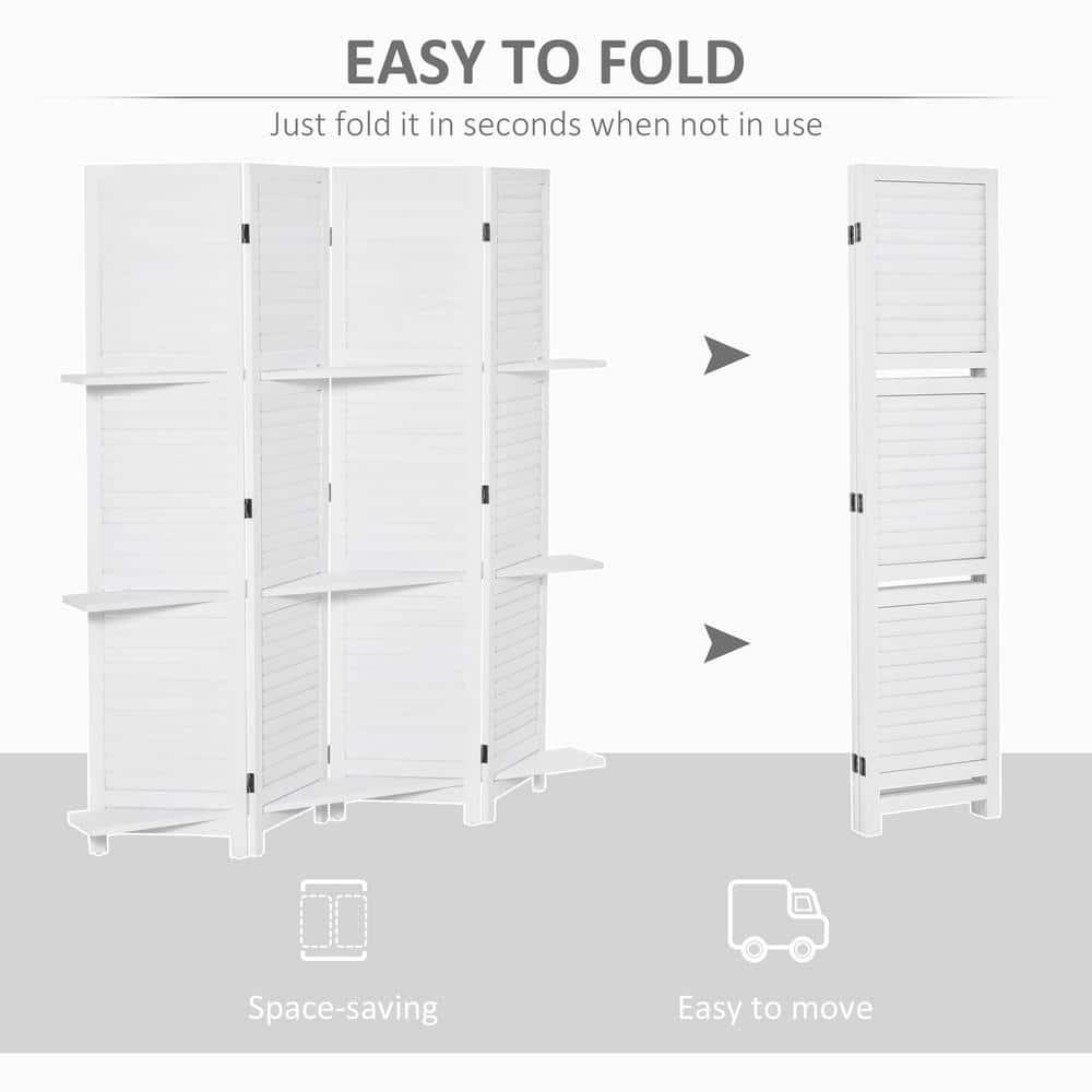 HOMCOM 4 Panel 67" Tall Wood Privacy Screen Room Divider with 3 Display Shelves, and Folding Storage for Bedroom or Home Office, White