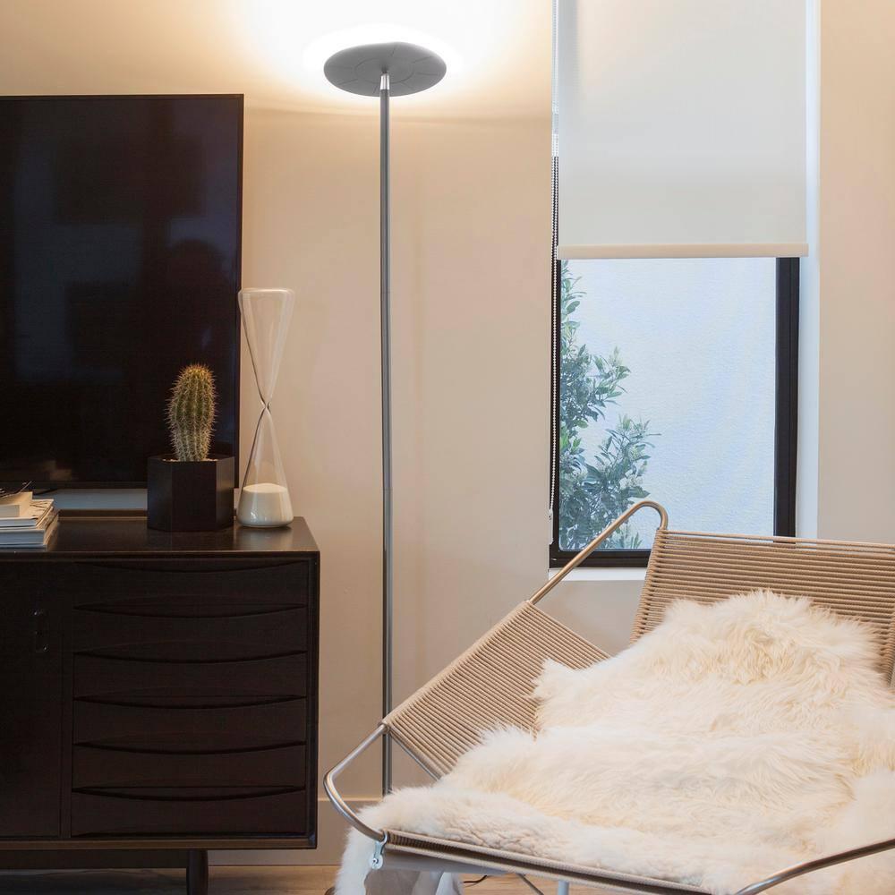 Brightech Sky Modern Dimmable Integrated LED Torchiere Floor Lamp Brushed Nickel: Touch Sensor, 3-Year Warranty, UL Listed