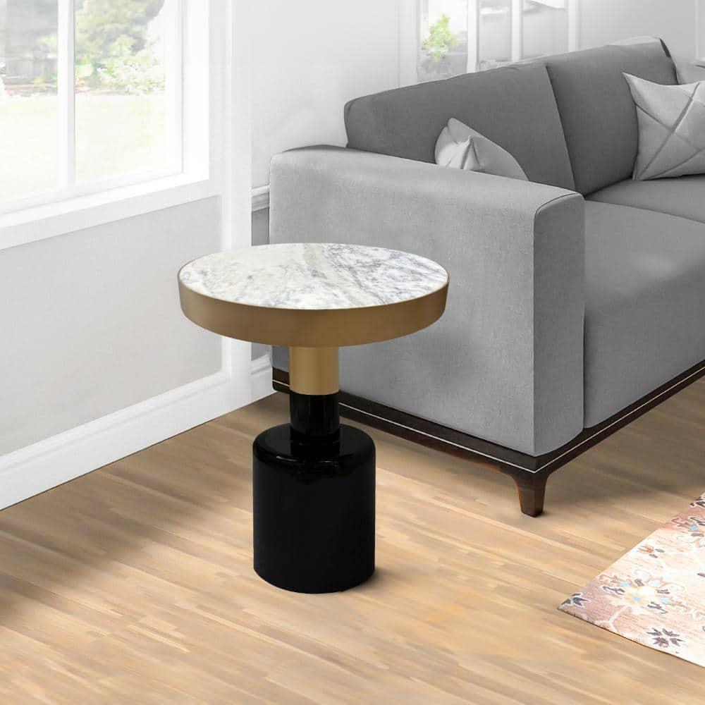 The Urban Port 20" Round Side End Table Gold Banded Natural White Marble Top Black Enamel Coated Iron Pedestal Base White/Gold