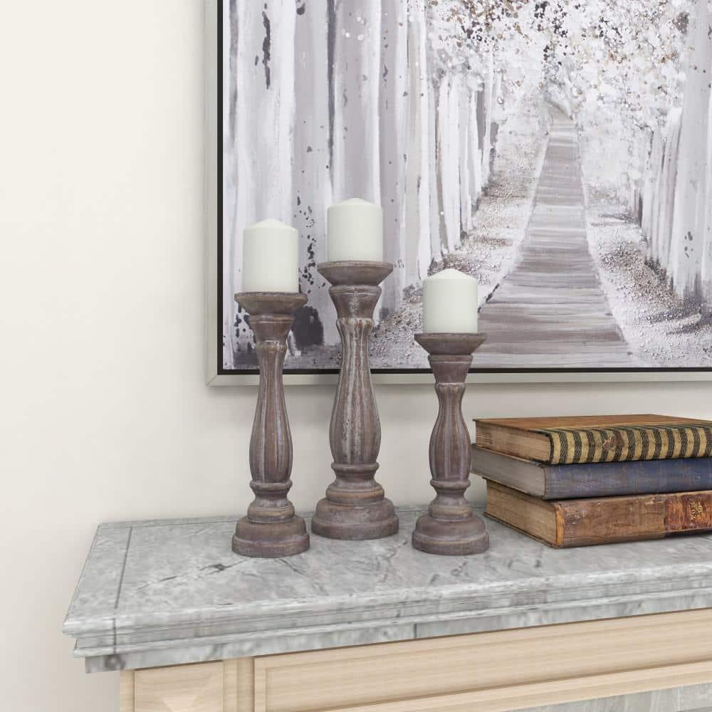 DecMode 3 Candle Brown Wood Candle Holder, Set of 3