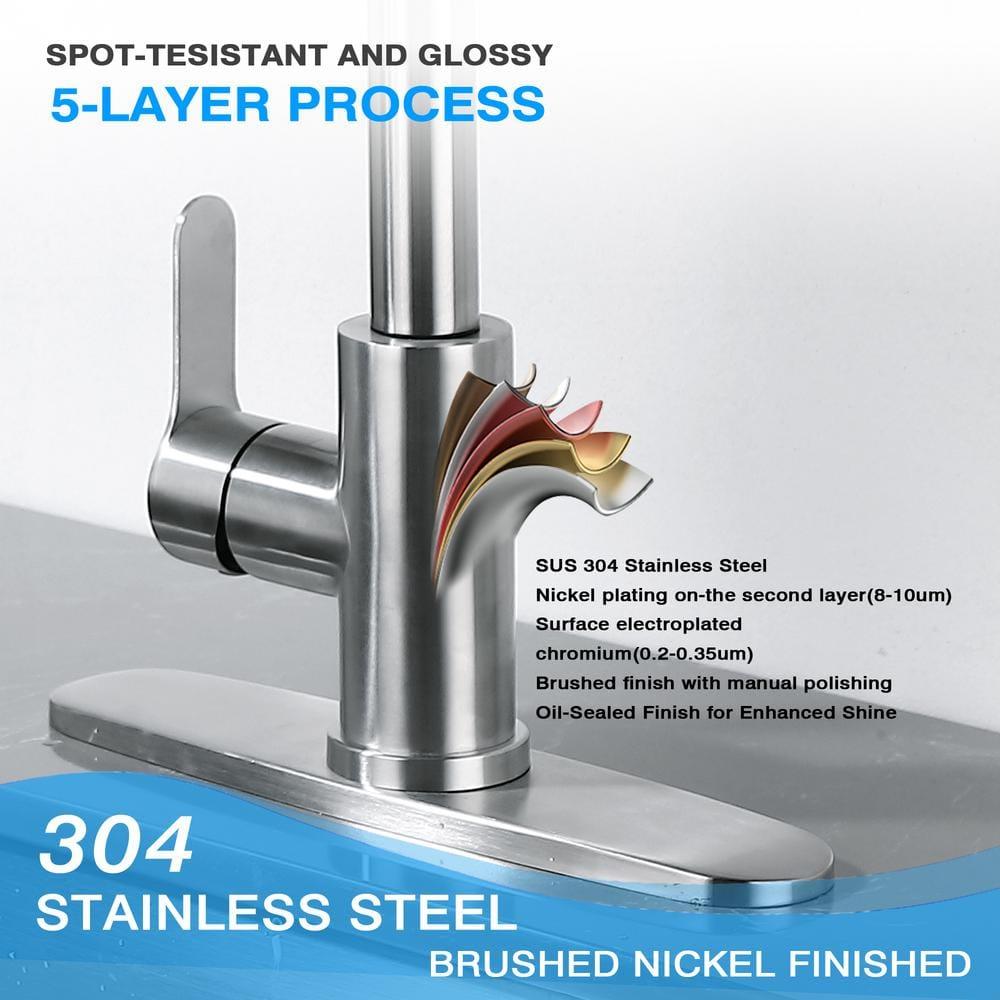 maiguoone ATKW-4047-173 Stainless Steel Single-Handle Pull-Down Sprayer Kitchen Faucet with Soap Dispenser in Brushed Nickel