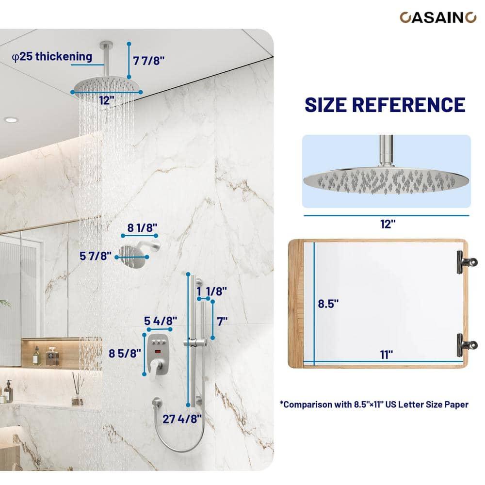 CASAINC BR01008SX12BN Rainfall Symphony 12inch Dual Showerhead Temperature Display Shower System with 2 in 1 Slider Bar Shower Handheld