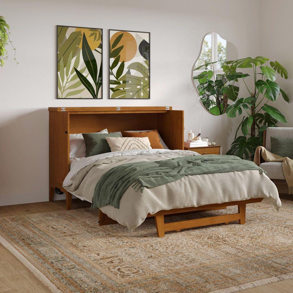 AFI Santa Fe Full Wood Murphy Bed Chest with Mattress and Built-in Charger, Light Toffee