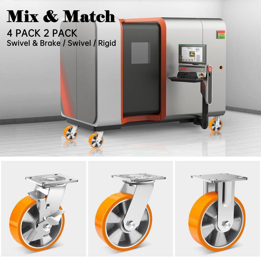 W B D WEIBIDA 6 Inch Industrial Fixed Casters (2 Pack), Maintenance-Free Polyurethane on Aluminum Wheels, Heavy Duty Casters Wheels 2500 Lbs, Industrial Rigid Casters for Hand Truck, Cabinet