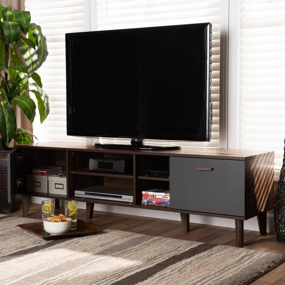 Moina Two-Tone Wood TV Stand for TVs up to 70" Walnut/Gray - Baxton Studio