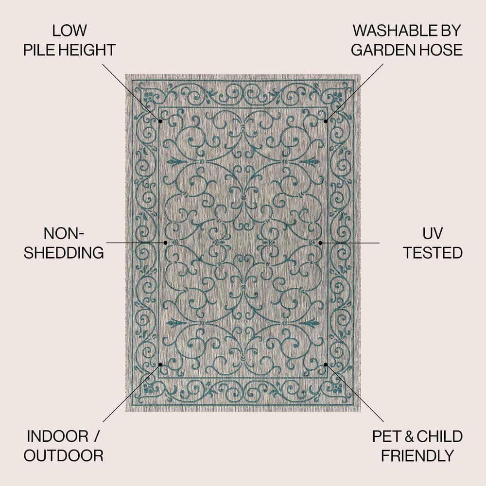 5'x8' Charleston Vintage Filigree Textured Weave Indoor/Outdoor Area Rug, Gray/Teal - JONATHAN Y