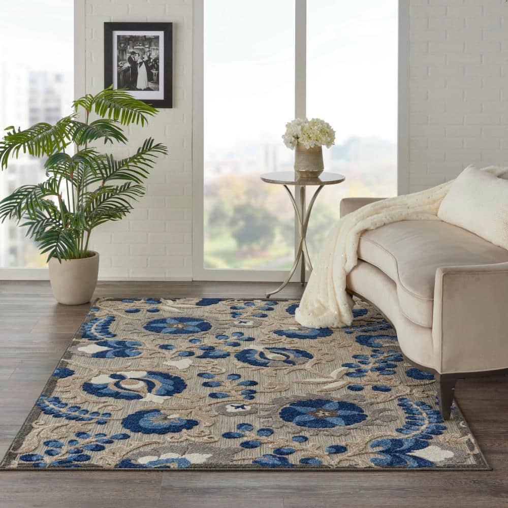 Nourison Aloha Floral Textured Flatweave High-Low Indoor Outdoor Area Rug Natural/Blue 5'3" x 7'5"