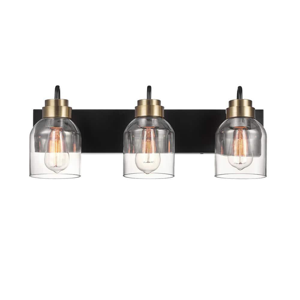 22 in. 3-Light Matte Black Vanity Light with Matte Brass Accents and Glass Shades