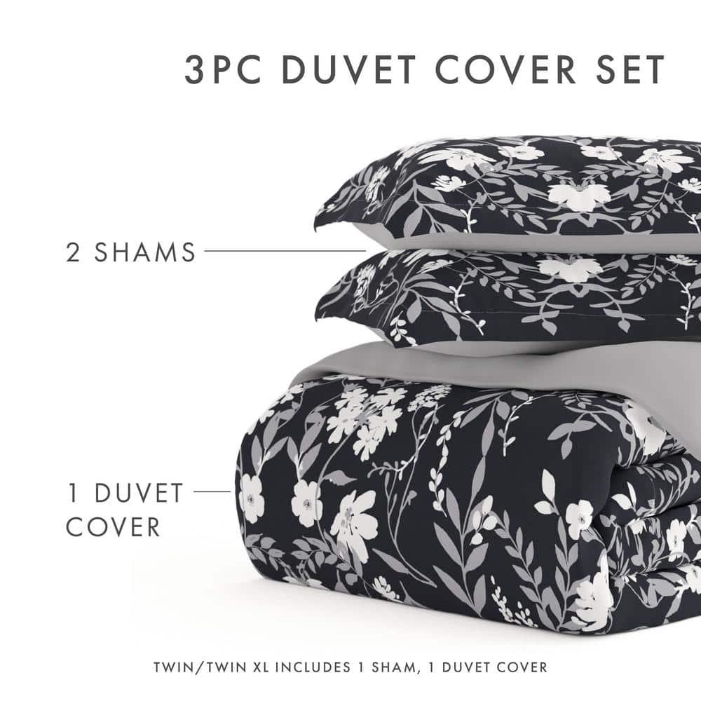 Noble Linens Black Reversible Secret Garden Print 3-Piece Duvet Cover Set, King/CalKing