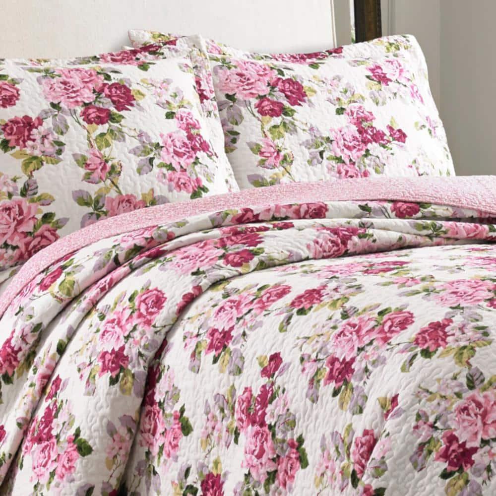 Laura Ashley King Lidia Quilt and Sham Set Pink: Floral Bedding, Pre-Washed, Machine Washable