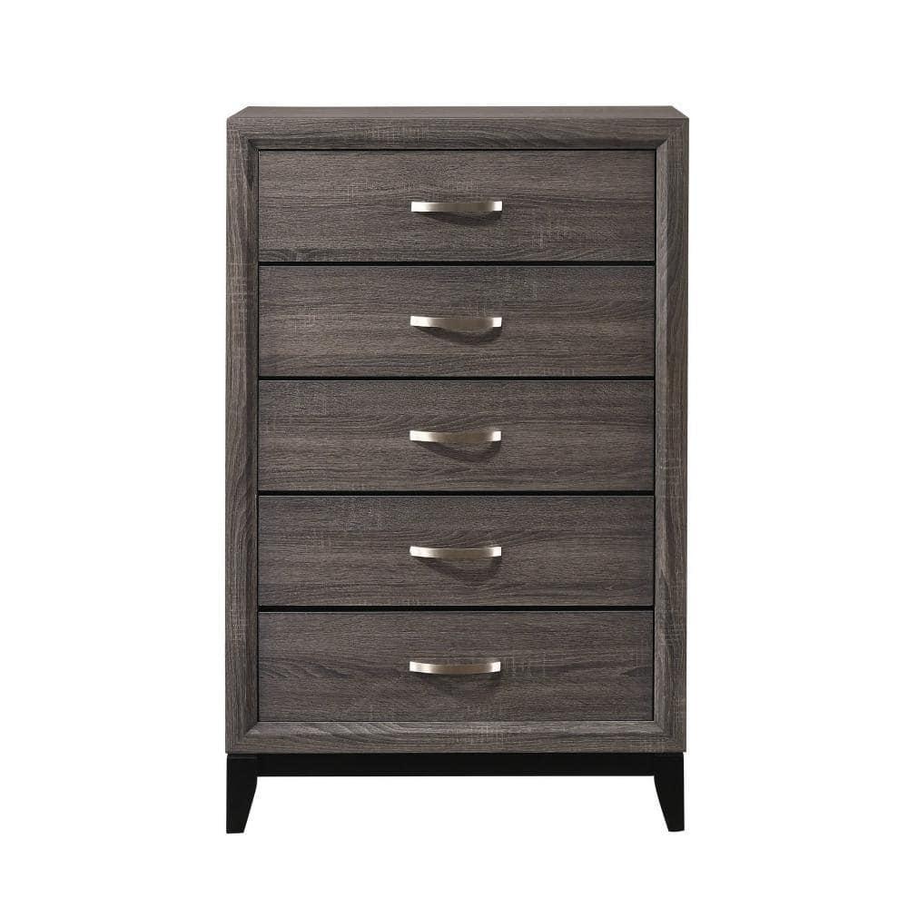 Benjara Chest with 5 Storage Drawers and Grain Details, Gray