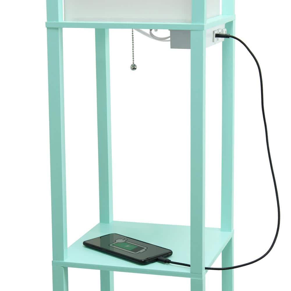 Creekwood Home Classix 62.5" 3-Tier Storage Floor Lamp with Charging Ports and Outlet Aqua Green