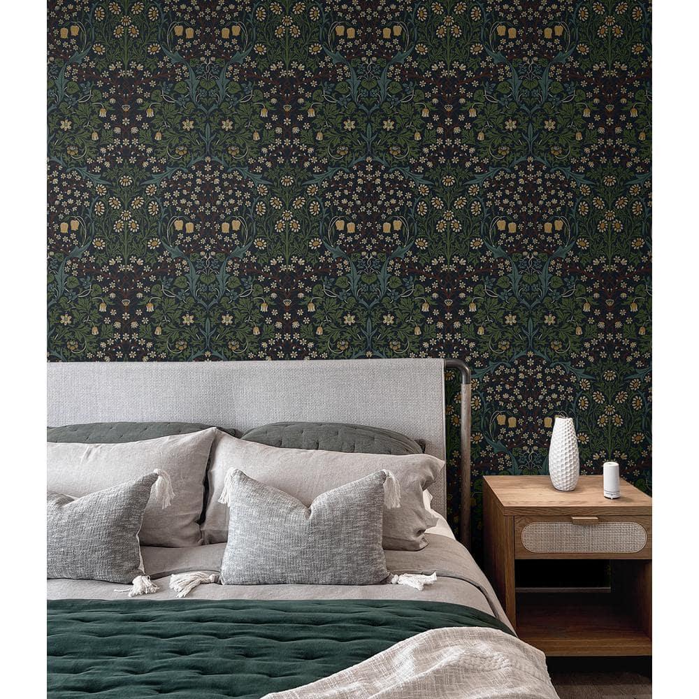 NextWall  Victorian Garden Floral Peel and Stick Wallpaper 20.9 in. W x 18 ft. L - Midnight Blue & Evergreen