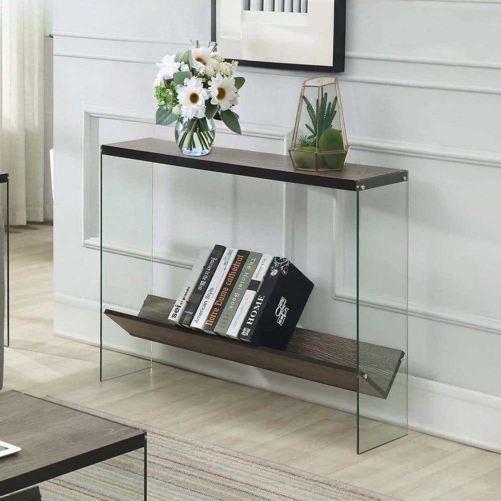 Convenience Concepts SoHo Glass V Console Table with Shelf, Weathered Gray/Glass
