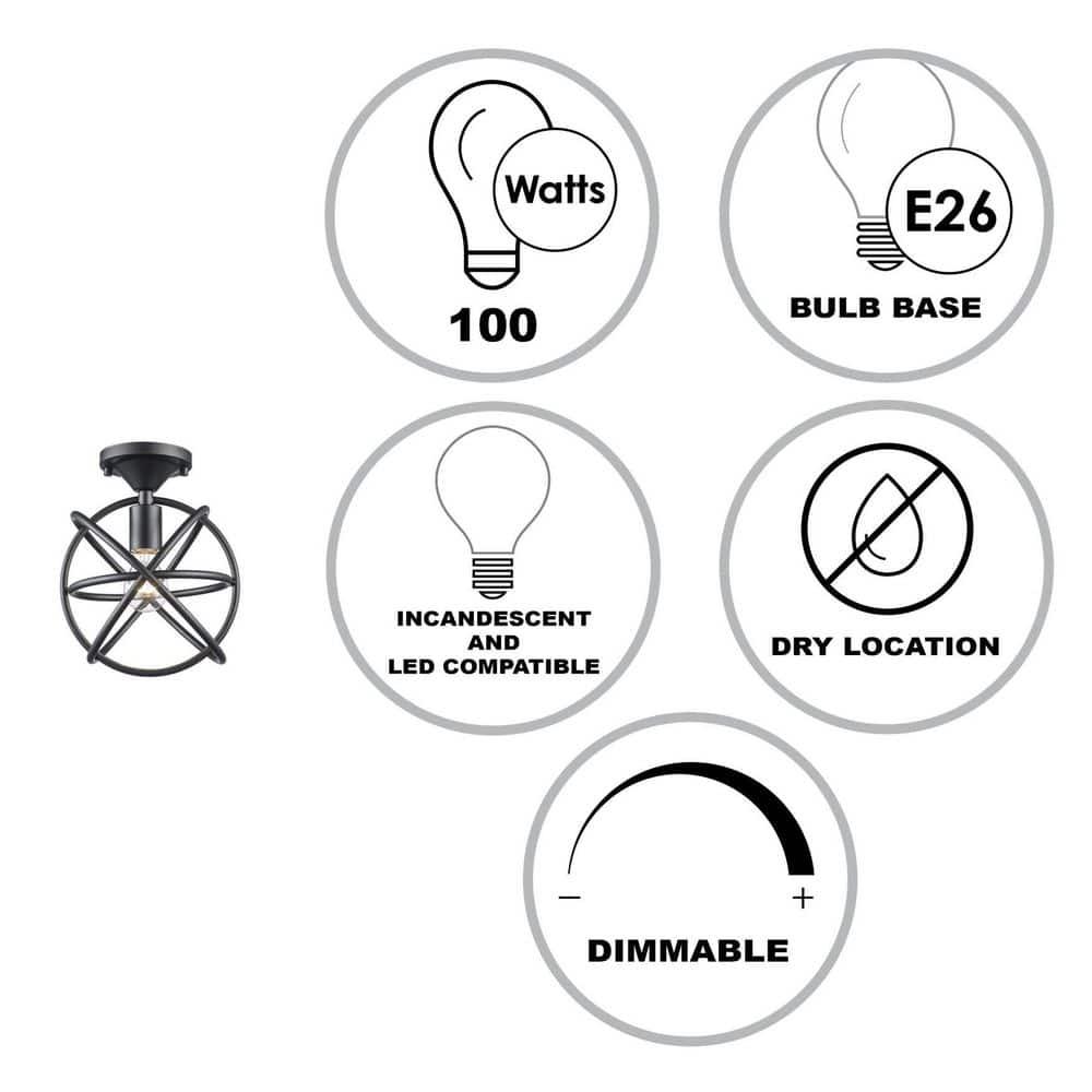 Viewridge 10 in. 1-Light Black Semi-Flush Mount Ceiling Light Fixture with Metal Globe Shade