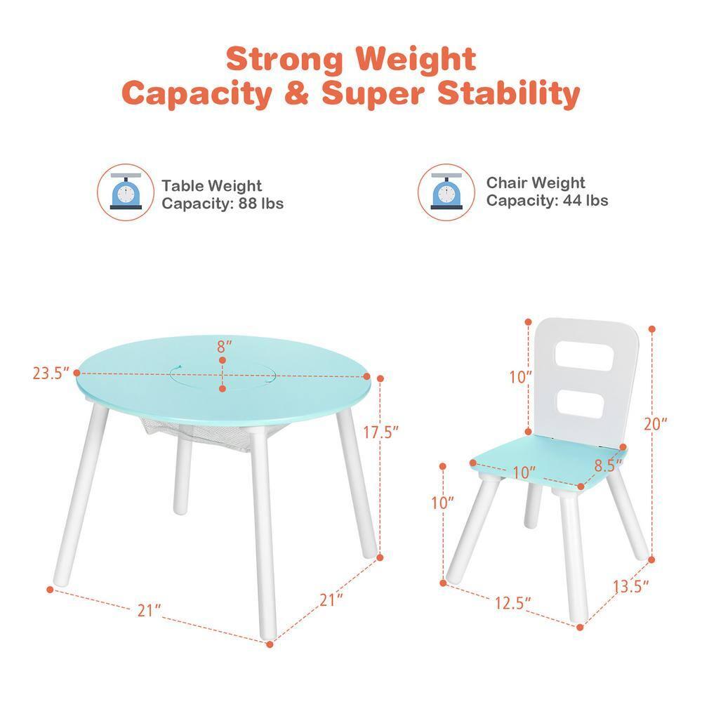 INDSUMOT Kids Table and Chair Set, Wooden Children Activity Table and 2 Chairs for Art & Craft, Storage Mesh Basket, 3-Piece Toddler Furniture Set for Daycare & Playroom, Gift for Boys Girls(Blue)