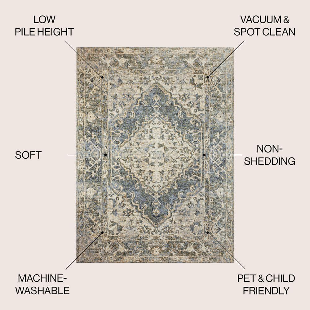 JONATHAN Y Pavel Distressed Medallion Low-Pile Machine-Washable Blue/Cream 3 ft. x 5 ft. Area Rug