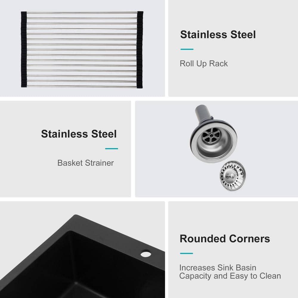 Quartz Kitchen Sink - 25X22" Black Granite Composite Drop In Kitchen Sink