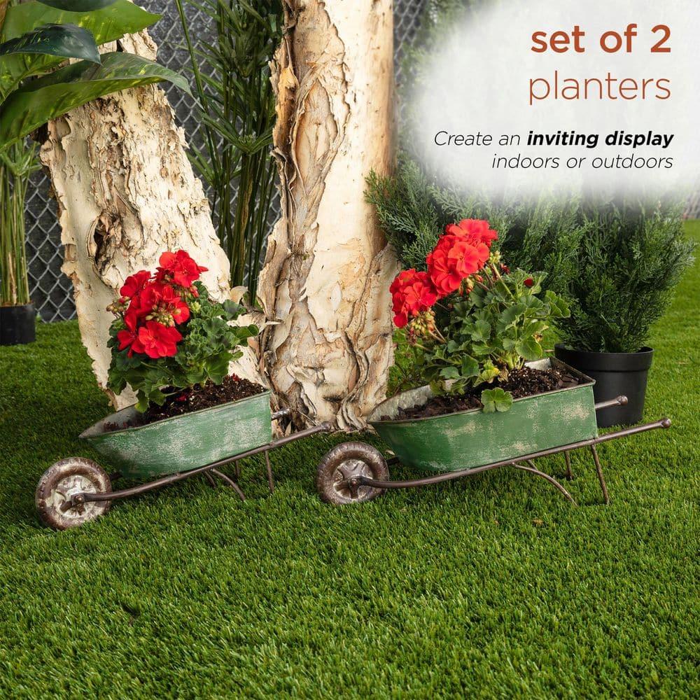 2pk Rustic Iron Wheelbarrow Garden Novelty Planter Green - Alpine Corporation