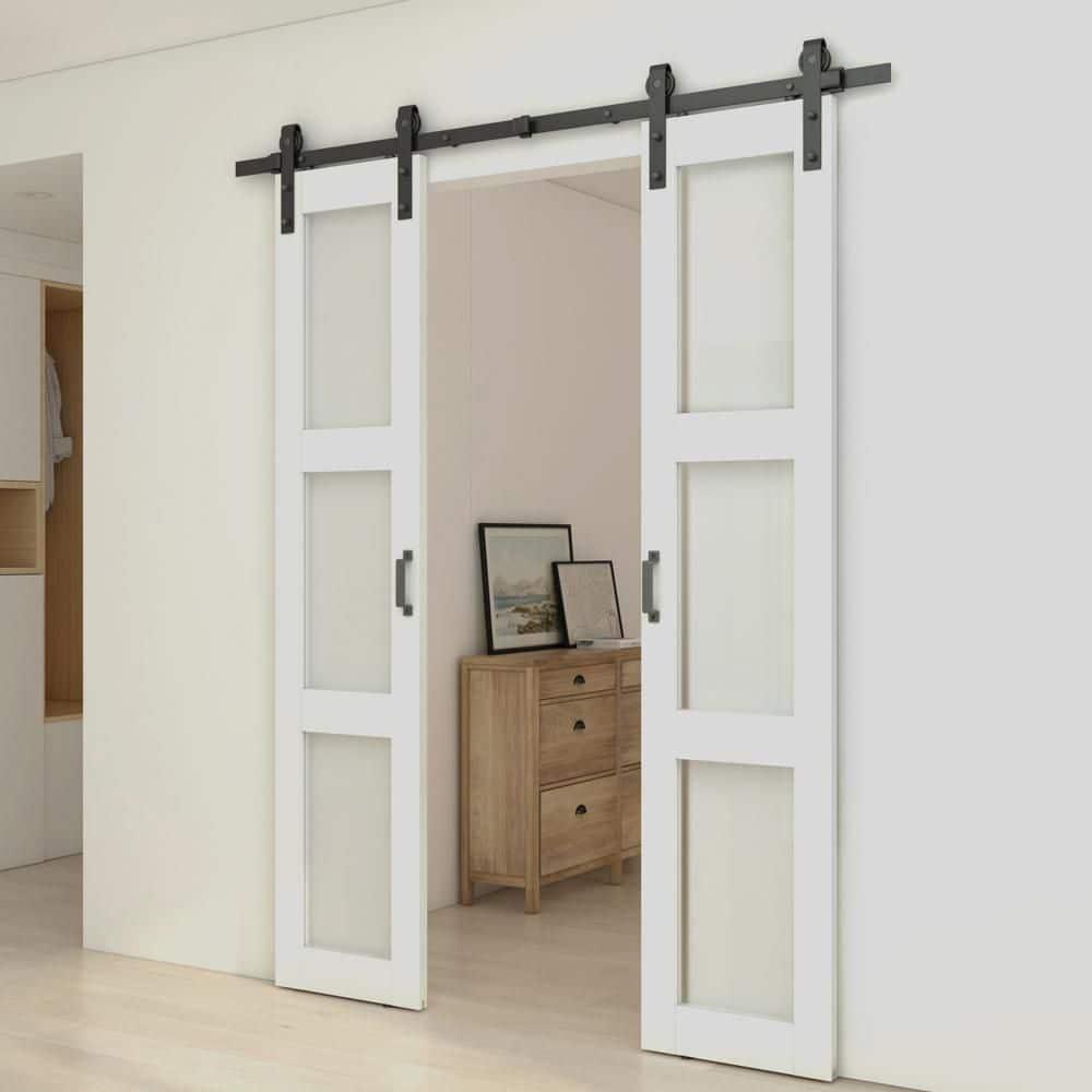 Calhome 3-Lite Tempered Frosted Glass White Finished Composite Double Sliding Barn Door with Hardware Kit Handle